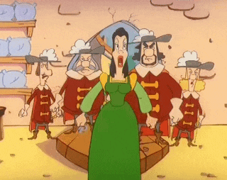 a cartoon of a woman in a green dress standing in front of a group of men in red jackets .