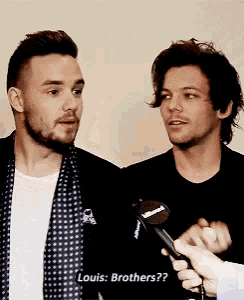 two men are standing next to each other and one of them is holding a microphone and says louis brothers