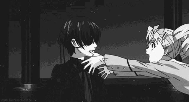 a black and white drawing of a man holding a woman in his arms with the words forlorn clover-trash below