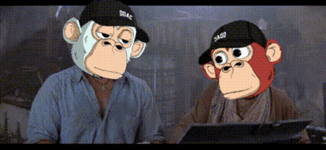 two monkeys wearing hats with the word doac on them are looking at each other