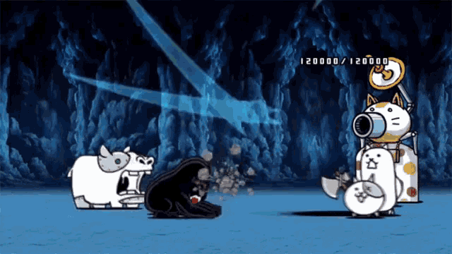a video game shows a cat with a gun and the number 12000