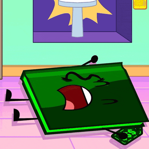 a cartoon drawing of a green object with a microphone and a dollar sign on it