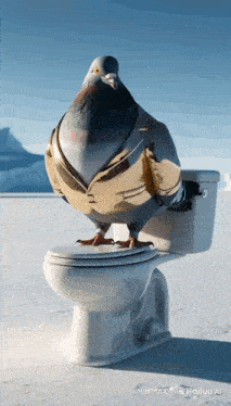 a pigeon in a suit sits on a white toilet