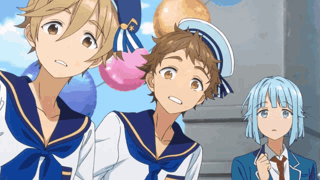 a group of anime characters are standing next to each other with balloons in the background