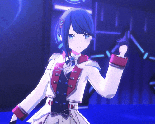 a blue haired anime girl in a white and red outfit