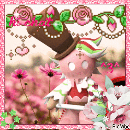 a picture of a cartoon character with flowers and the words hi chat