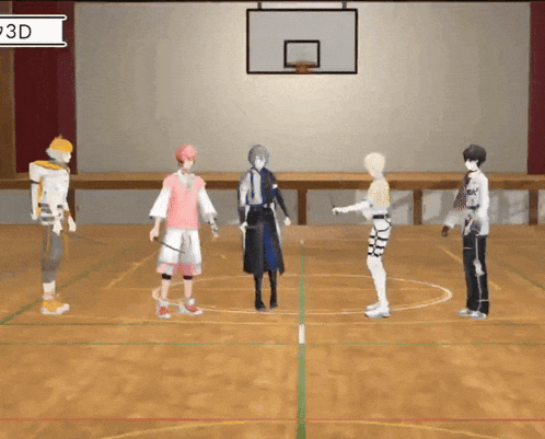 a group of anime characters are standing on a basketball court with the number 3d on the bottom