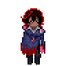 a pixel art of a person with red hair and a blue cape