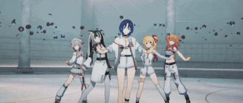 a group of anime girls are standing in a row