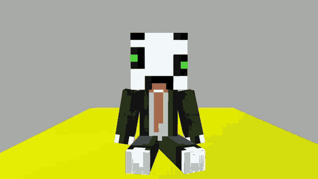 a minecraft character wearing a suit and tie sitting on a yellow surface
