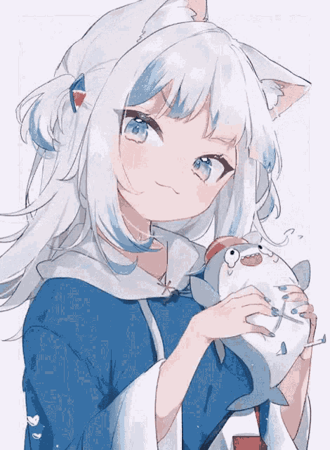 a girl with cat ears is holding a stuffed shark in her hands .