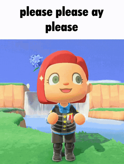 a cartoon character with red hair says please please ay please