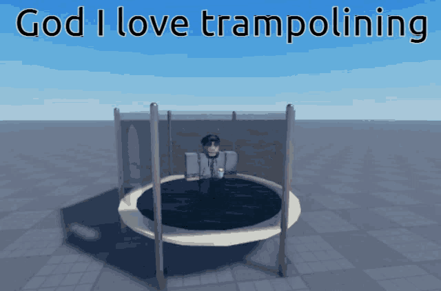 a picture of a person on a trampoline with the words god i love trampolining above them
