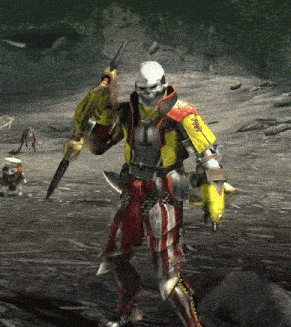 a video game character holding a sword and a shield