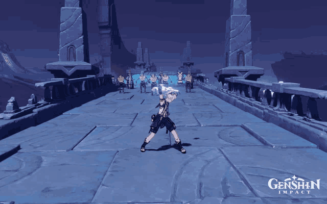 a video game called genshin impact shows a man holding a sword