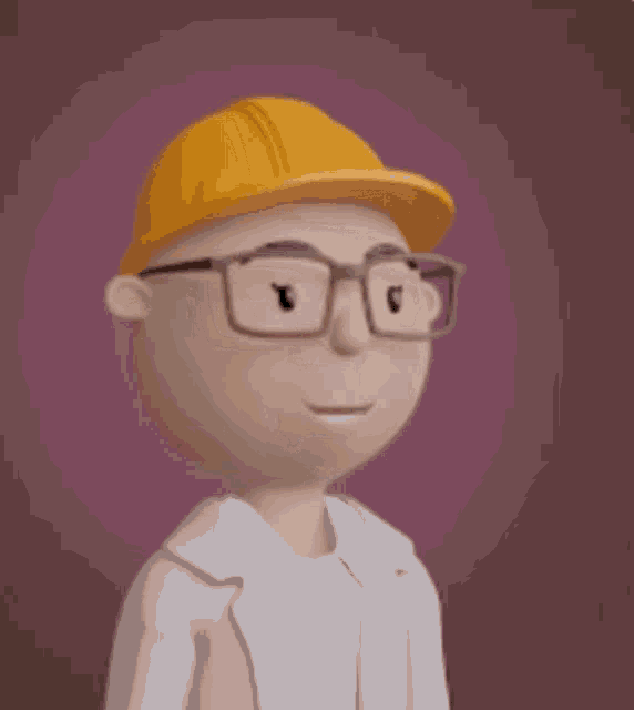 a cartoon man wearing a hard hat and glasses is standing in front of a purple background .