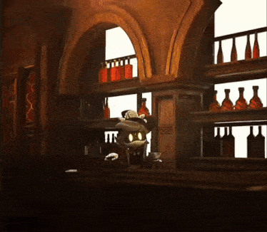 a cartoon character is sitting at a bar with bottles on the shelves