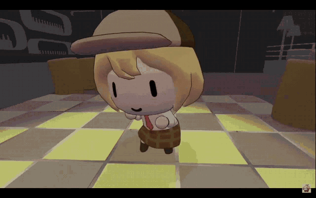 a cartoon character with a hat on is standing on a tiled floor