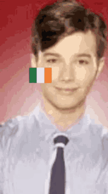 a man wearing a shirt and tie has a green white and orange flag on his face