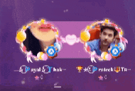 a purple background with a picture of a man and woman
