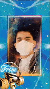 a picture of a man wearing a mask and headphones with the word from above