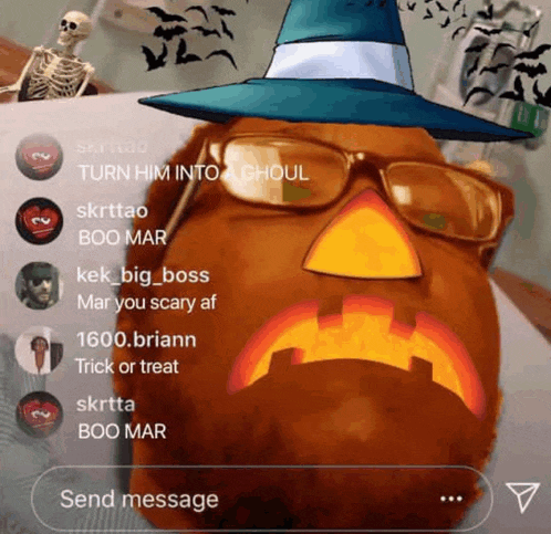 a picture of a pumpkin wearing glasses and a wizard hat with the words turn him into a ghoul on the bottom