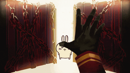 a drawing of a hand reaching out towards a rabbit with the number 00 on it