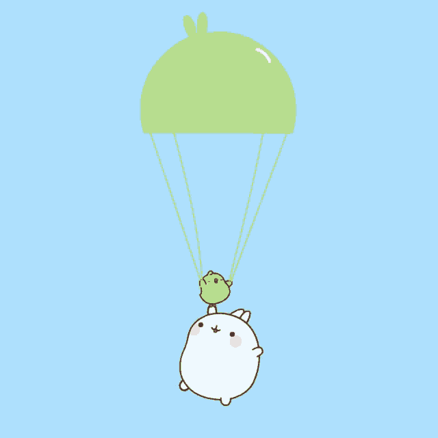 a cartoon drawing of a rabbit and a chick flying with a parachute