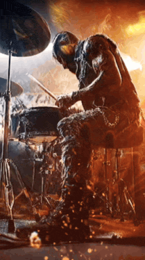 a man is playing drums on a stage with flames in the background