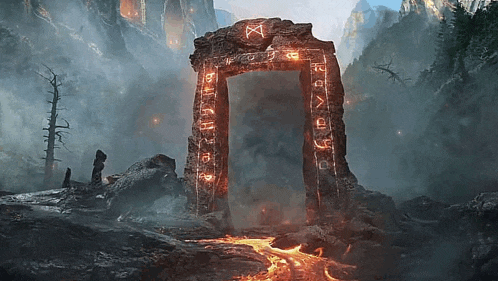 a stone archway in the middle of a valley with mountains in the background and lava coming out of it