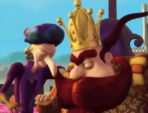 a cartoon of a man with a crown on his head talking to another man