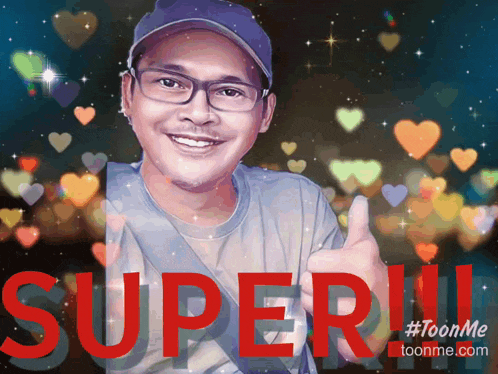 a man is giving a thumbs up with the word super in red