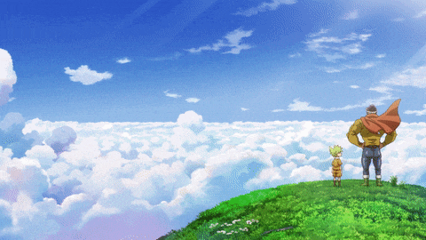 a man in a red cape stands next to a boy on a hill overlooking clouds