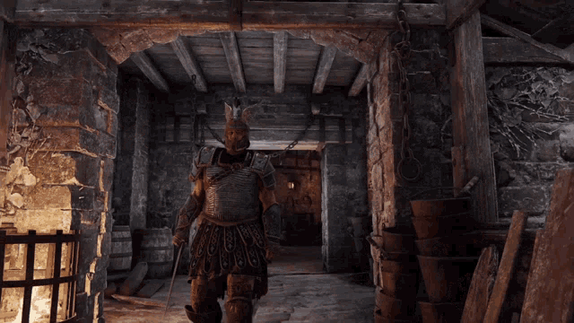 a man in armor holds a sword in a castle