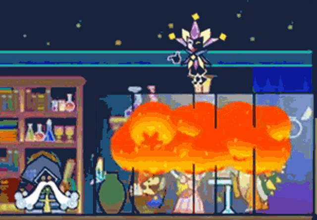 a cartoon scene with a huge explosion in the middle of it