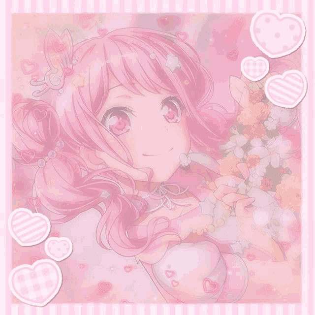 a girl with pink hair and hearts around her