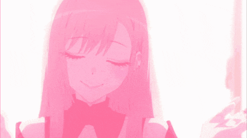 a close up of a girl with pink hair