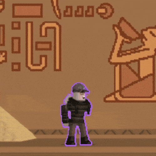 a pixel art drawing of a man standing in front of a wall with the letter g visible
