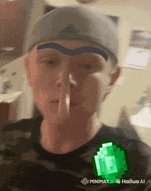 a pixelated image of a man with a green emerald in the corner