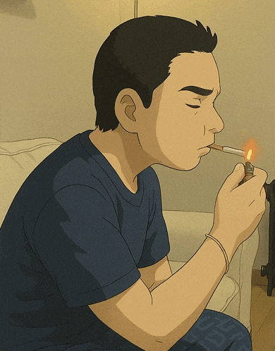 a cartoon drawing of a man lighting a cigarette