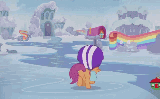 a cartoon of a pony holding a cup that says ' ice ' on it