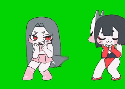 two cartoon characters are dancing on a green screen