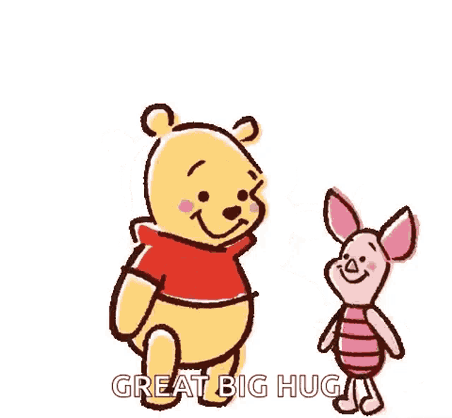 winnie the pooh and piglet are hugging each other with hearts surrounding them .