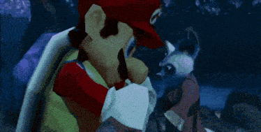 mario is surrounded by purple petals in a video game scene .