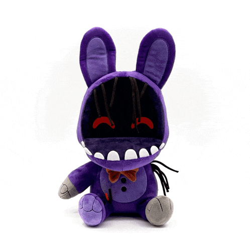 a purple stuffed bunny with its mouth open and teeth