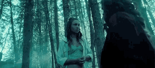 a man and a woman are standing in the woods talking to each other .