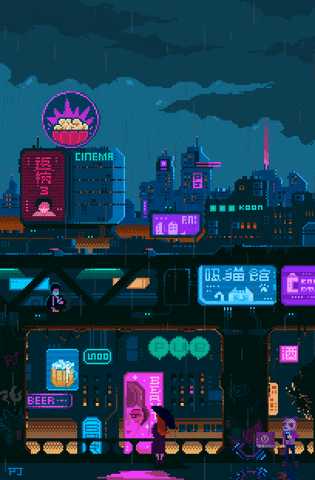a pixel art drawing of a city with a sign that says beer
