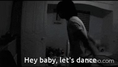 a black and white photo of a person with the words hey baby let 's dance.com below them