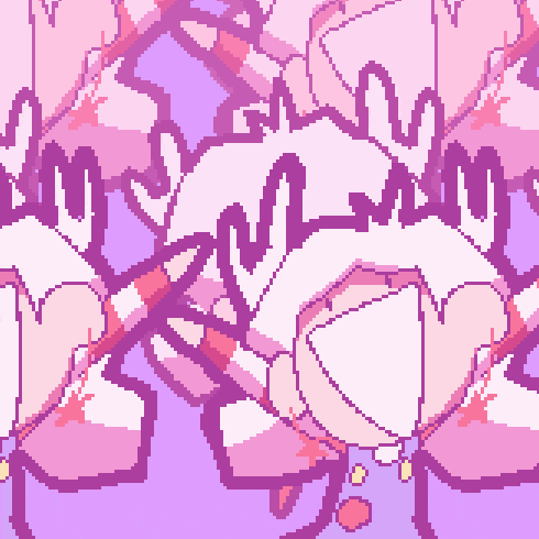 a pixel art drawing of a purple and pink background with hearts