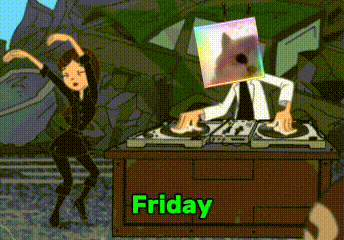 a cartoon of a woman dancing next to a man playing records and the words friday on the bottom